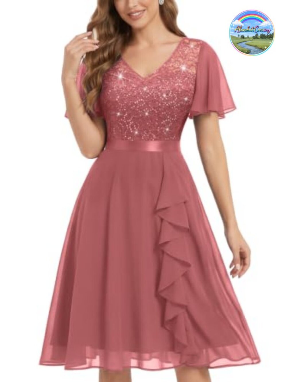 Sequin Lace V-Neck Flutter Sleeve Ruffle A-Line Party Dress